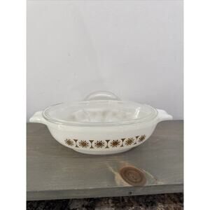Glasbake Jeanette Gold Oval Casserole Dish With Lid 1 Qt Atomic Sunburst Vintage